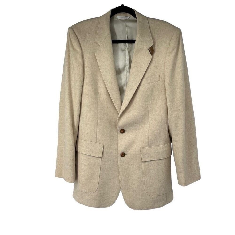Vintage 60's Fioravanti Men Cream‎ Brown Shoulder Patch Sport Coat Sz 39 Long